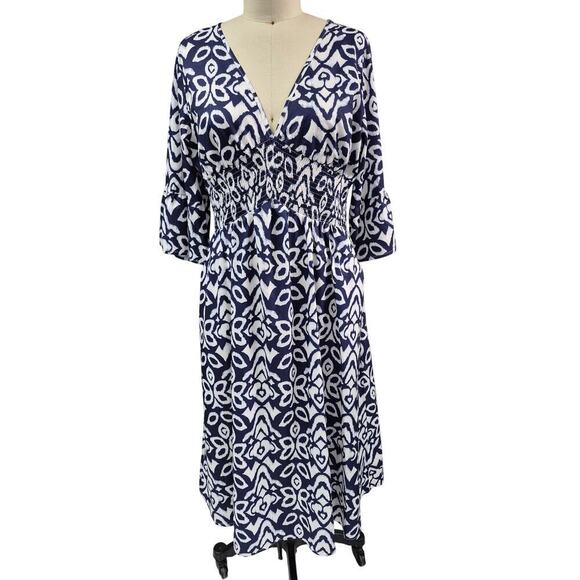 Navy Blue/White Summer Dress Elastic High Waist V-Neck Sz XL Lightweight - Picture 2 of 5